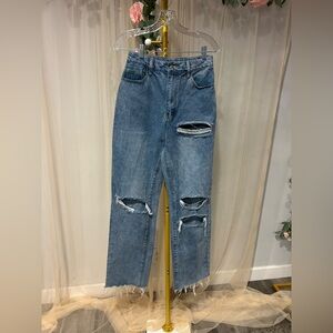 PrettyLittleThing Blue Distressed Straight Leg Jeans